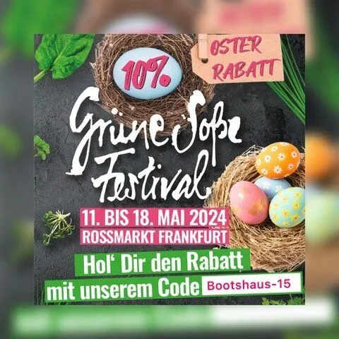 Hey Grüne Soße Festival Fans! 🌿 Verpasst nicht den Spaß beim diesjährigen Festival! 🎉

Wir sind als Gastronom am 13. Mai 2024 ebenfalls auf dem Festival vertreten! 🍽️🎉

👉 Das Fechemer Bootshaus ist mit dabei und bietet euch mit dem Gutscheincode ein besonderes Angebot: ---> Bootshaus-15

Denkt daran, diesen Code beim Online-Ticketkauf nach der Auswahl eurer Abendshow (11. bis 18. Mai) im Feld "Aktionscode" einzugeben, um einen 10% Rabatt auf den Ticketpreis zu erhalten! 💸

Sichert euch jetzt eure Tickets für die Abendshows auf Grüne Soße Festival - Abendshows 2024 und genießt die köstlichen Aromen dieses fantastischen Events! 🌿🎶 #GrüneSoßeFestival #Rabattcode #FechemerBootshaus
