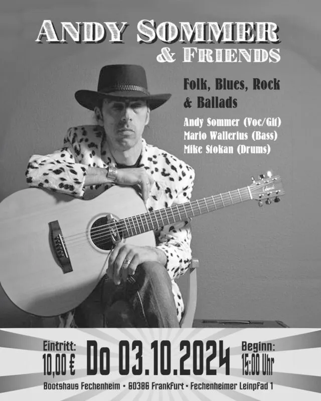 Falls ihr mal wieder gute handgemachte Musik hören wollt, habt ihr jetzt die perfekte Gelegenheit! 🎤✨

Kommt am Donnerstag, den 03.10.2024, ins Bootshaus in Fechenheim! Wir bringen euch Folk, Blues, Rock und Balladen – ein unvergesslicher Nachmittag wartet auf euch!

🕒 Beginn: 15:00 Uhr

Lasst uns gemeinsam feiern! Wir, Andy, Mario und Trommel Mike, können es kaum erwarten!